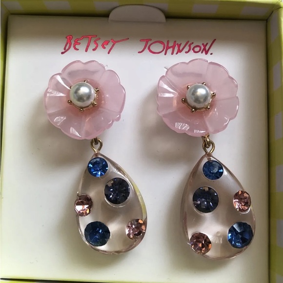 Betsey Johnson Enchanted Garden Flower & Teardrop Drop Earrings Crystal NIB - Picture 5 of 10